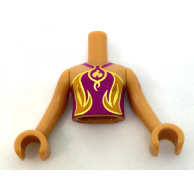 medium nougat torso mini doll girl magenta top gold and orange fire symbol trim pattern medium nougat arms with hands with dark purple elves tattoo left
