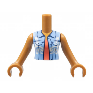 medium nougat torso mini doll woman bright light blue vest with white filigree over coral shirt pattern medium nougat arms with hands