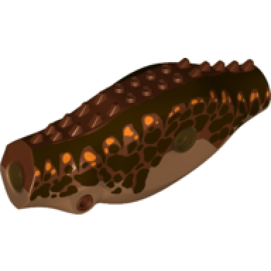 medium nougat dinosaur body indominus rex carnotaurus allosaurus with reddish brown top with dark brown side stripes and dark brown and orange spots pattern