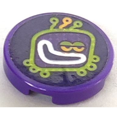 dark purple tile round 2 x 2 with bottom stud holder with lime alien head with antennae techno beat drop button pattern sticker - set 41250