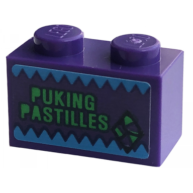 dark purple brick 1 x 2 with puking pastilles pattern sticker - set 76422