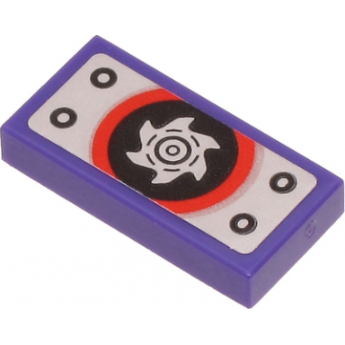 dark purple tile 1 x 2 with metal plate and silver circular saw blade on black and red circle pattern sticker - set 71704