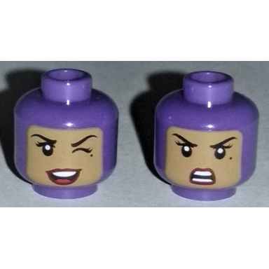 dark purple minifigure head dual sided female balaclava with medium nougat face black eyebrows eyelashes beauty mark dark red lips wink and open mouth smile with top teeth and red tongue angry with teeth parted pattern