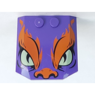 dark purple wedge 4 x 4 x 2 3 triple curved with orange flames and nose yellowish green eyes black slit pupils pattern