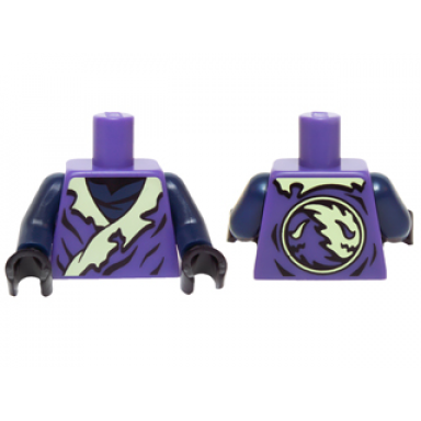 dark purple torso ninjago tattered robe with yellowish green collar and dark blue undershirt pattern dark blue arms black hands
