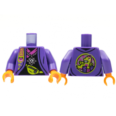 dark purple torso jacket black shirt with magenta hem silver star pendant lime pouch with zipper monster on back pattern dark purple arms orange hands