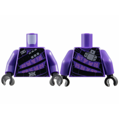 dark purple torso female suit with 3 black belts silver buckles and canisters and metallic pink logograms pattern dark purple black hands