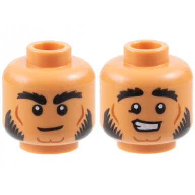 nougat minifigure head dual sided black bushy eyebrows and sideburns medium nougat contour lines neutral worried open mouth smile pattern