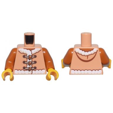 nougat torso vest with hood white fur trim and tan and dark brown laces with dark orange clasps pattern dark orange arms bright light orange hands