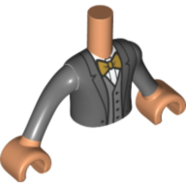 nougat torso mini doll boy dark bluish gray suit jacket with gold bow tie pattern nougat arms with hands with dark bluish gray long sleeves