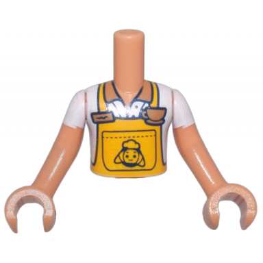 nougat torso mini doll boy bright light orange apron over white shirt medium nougat coffee cup croissant on back pattern nougat arms with hands with white short sleeves