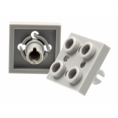 light gray plate modified 2 x 2 with pin on bottom small holes in plate and locking fingers on underside