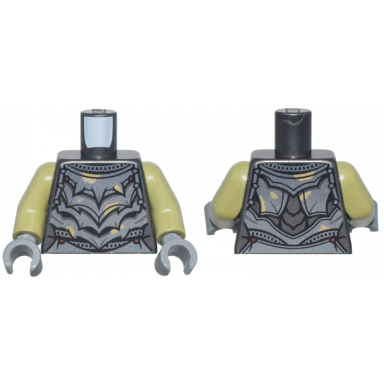 pearl dark gray torso dark silver crude plate mail armor with reddish brown rivets and dark tan dirt splotches pattern olive green arms dark bluish gray hands
