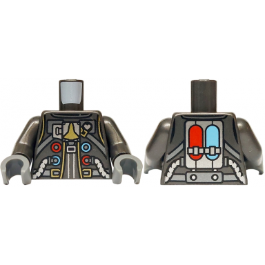 pearl dark gray torso spacesuit dark silver belt and straps silver hoses gold space shuttle buckle and trim red and medium blue circles and ovals on back pattern pearl dark gray arms dark bluish gray hands