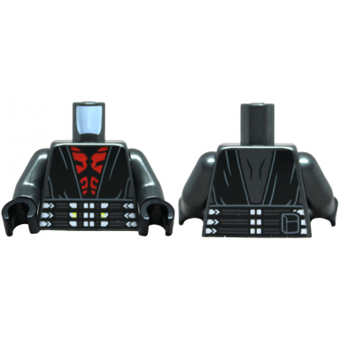 pearl dark gray torso sw black sith robe red chest wide belt with silver and yellow shapes pouch on back pattern pearl dark gray arms black hands