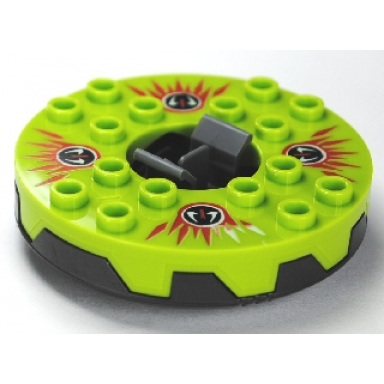pearl dark gray turntable 6 x 6 x 1 1 3 round base serrated with lime top and red white and black fangpyre pattern ninjago spinner
