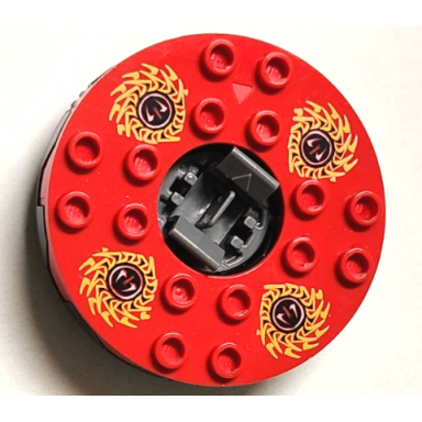 pearl dark gray turntable 6 x 6 x 1 1 3 round base serrated with red top and red white yellow and black fangpyre pattern ninjago spinner
