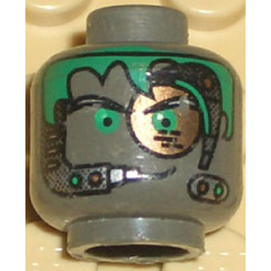 dark gray minifigure head alien with green hair copper eyepiece and headset pattern