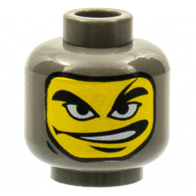 dark gray minifigure head balaclava with yellow face thick black eyebrows chin dimple wide open mouth smile to side with teeth pattern