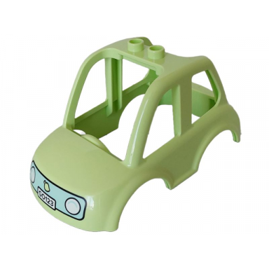 yellowish green duplo car body high cab 2 top studs with white headlights and go123 on light aqua background pattern