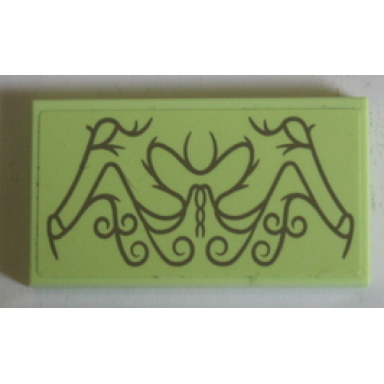 yellowish green tile 2 x 4 with dark tan ornate filigree pattern sticker - set 10316