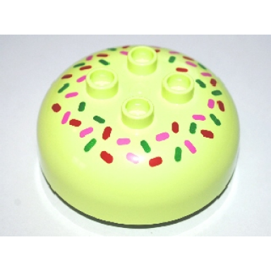 yellowish green duplo brick round 4 x 4 dome top with 2 x 2 studs with dark pink green and red sprinkles pattern