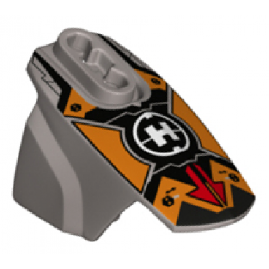 flat silver hero factory armor with ball joint socket - size 5 with red arrows on orange background and hero factory logo pattern