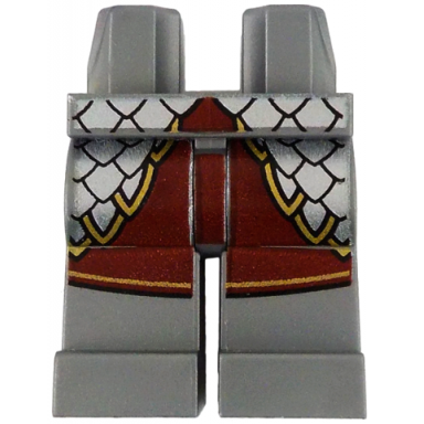 flat silver hips and legs with silver armor over dark red surcoat with gold trim pattern