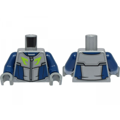 flat silver torso racing suit dark blue panels silver zipper lime logo pattern dark blue arms dark bluish gray hands