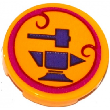 bright light orange tile round 2 x 2 with bottom stud holder with hammer and anvil in magenta circle pattern sticker - set 41176