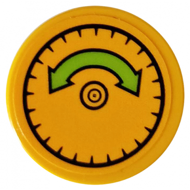 bright light orange tile round 2 x 2 with bottom stud holder with lime curved arrow double and rivet pattern sticker - set 76059