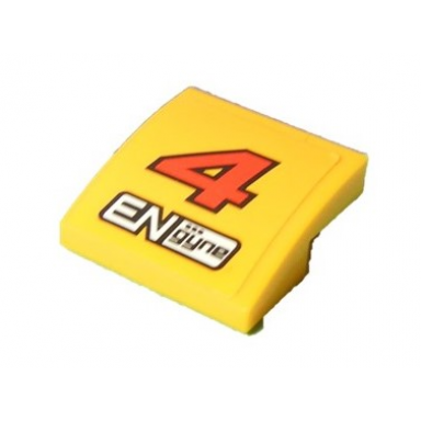 bright light orange slope curved 2 x 2 x 2 3 with red number 4 and engyne logo pattern sticker - set 60218