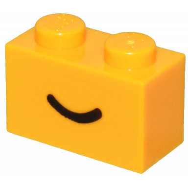 bright light orange brick 1 x 2 with black smile curved line pattern