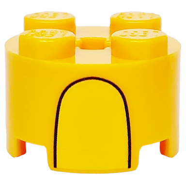 bright light orange brick round 2 x 2 with axle hole with yellow stripe and curved black line pattern