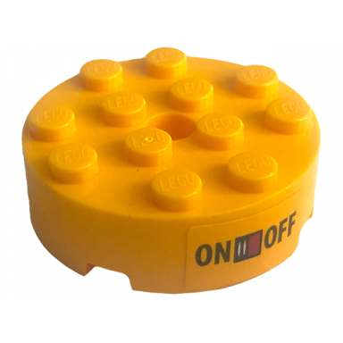 bright light orange brick round 4 x 4 with hole with on and off switch pattern sticker - set 41346