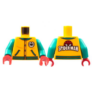 bright light orange torso letter jacket dark turquoise trim spider logo spider-man on back pattern dark turquoise arms red hands