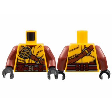 bright light orange torso female dark red collar and belt reddish brown shoulder belt silver buckles gold ninjago logogram letter r pattern dark red arms black hands