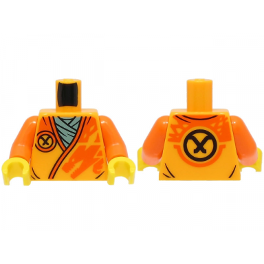 bright light orange torso robe with orange trim dragon head and black ninjago logogram letter a over dark bluish gray shirt pattern bam orange arms yellow hands