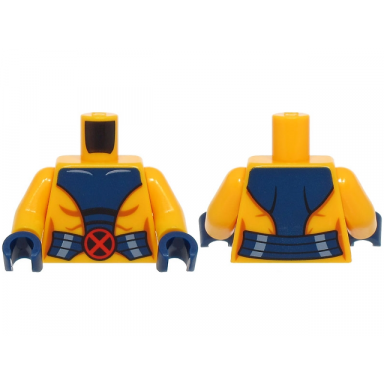 bright light orange torso female super hero costume with dark blue panel and belt with red x-men logo buckle pattern bright light orange arms dark blue hands