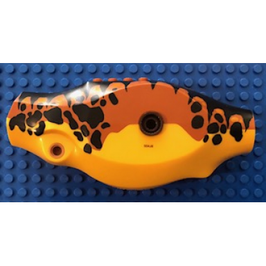 bright light orange dinosaur body tyrannosaurus rex with dark orange top with black stripes and spots pattern