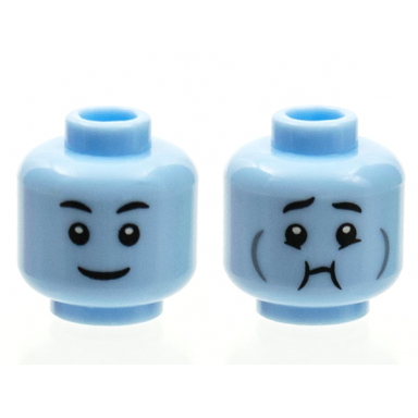 bright light blue minifigure head dual sided black eyebrows grin queasy with dark bluish gray cheek lines pattern bam