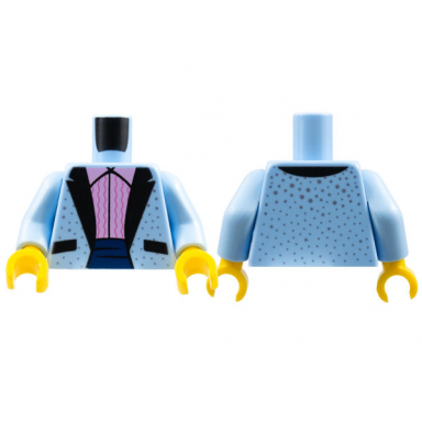 bright light blue torso tuxedo jacket with silver dots bright pink ruffled shirt pattern bright light blue arms yellow hands