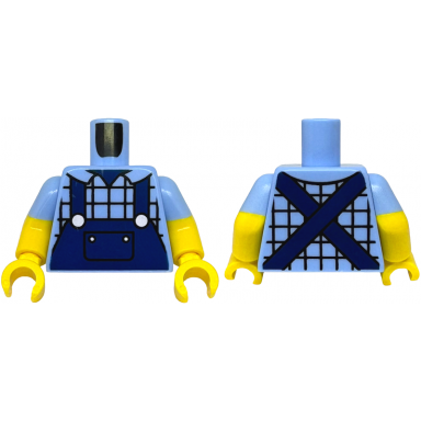 torso plaid shirt with collar dark blue overalls with pocket and silver buttons pattern yellow arms with molded bright light blue short sleeves pattern yellow hands
