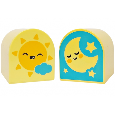 bright light yellow duplo brick 2 x 2 x 2 slope curved double with bright light orange smiling sun and medium azure cloud sleeping moon and stars pattern