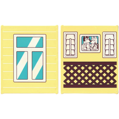 glass for window 1 x 6 x 6 flat front with window with medium azure panes white frame and reflections bluey family photo and reddish brown lattice railing pattern