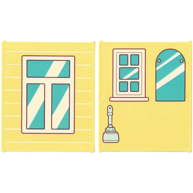 glass for window 1 x 6 x 6 flat front with window with medium azure panes white frame and reflections small window curved top mirror and light aqua toilet cleaning brush pattern