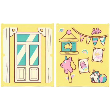glass for window 1 x 6 x 6 flat front with window with medium azure panes white frame bottom panels and reflections bright pink stick unicorn lizard rainbow beach ball taped pictures hanging map and bunting pattern