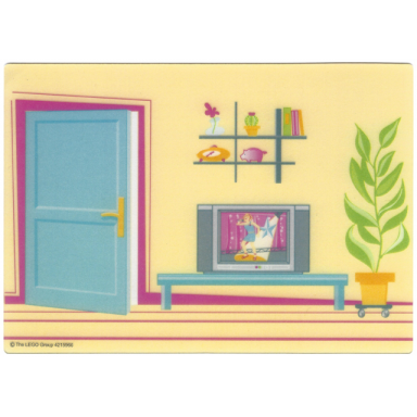 plastic part for set 5940 - living room backdrop with door shelf table with tv and house plant pattern