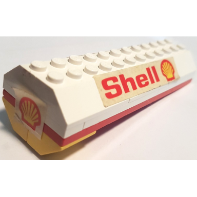 stickered assembly 12 x 4 x 2 2 3 with shell logo on end and red shell and shell logo pattern on both sides stickers - set 671-1 - 4 plate 1 x 4 2 plate 1 x 6 1 plate 4 x 12 6 slope 45 2 x 4 2 slope inverted 45 2 x 2 with flat bottom pin